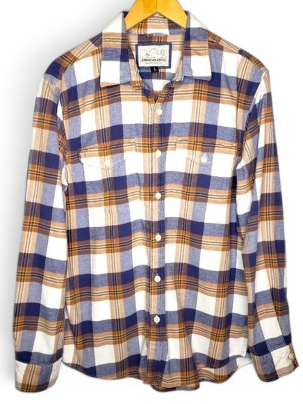 American Eagle Men's Madras Plaid Flannel‎ Button Down Shirt Flap Work Pocket L